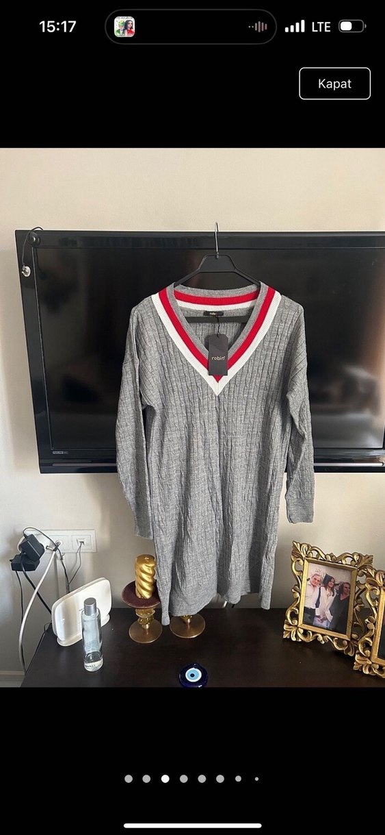 Robin Gri Uzun Kollu V Yaka Triko Elbise - Görsel 2