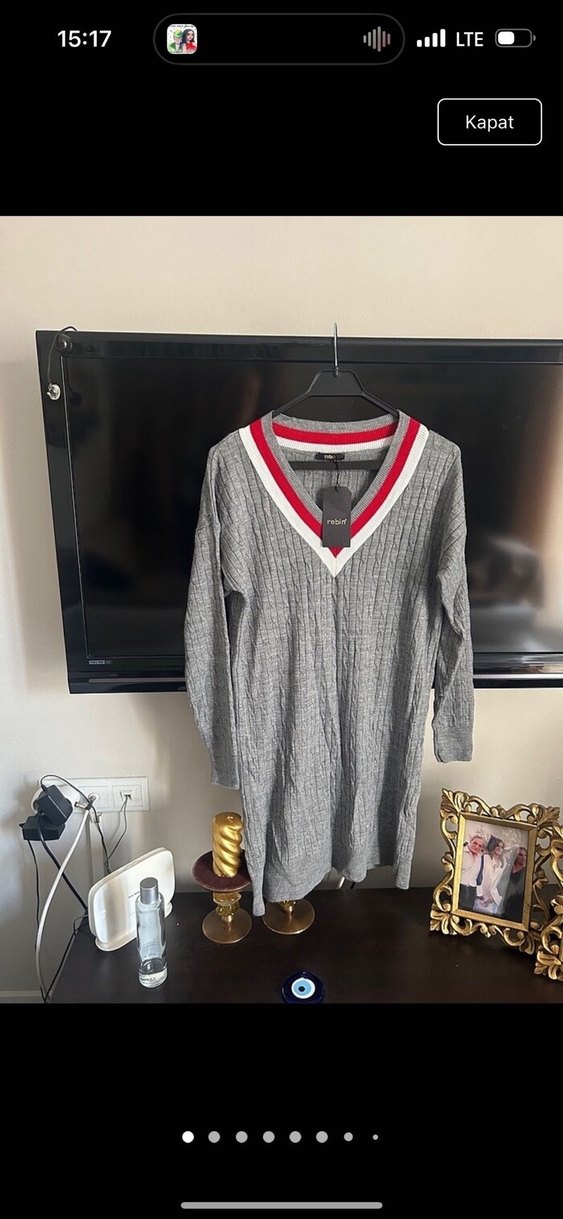 Robin Gri Uzun Kollu V Yaka Triko Elbise - Görsel 5