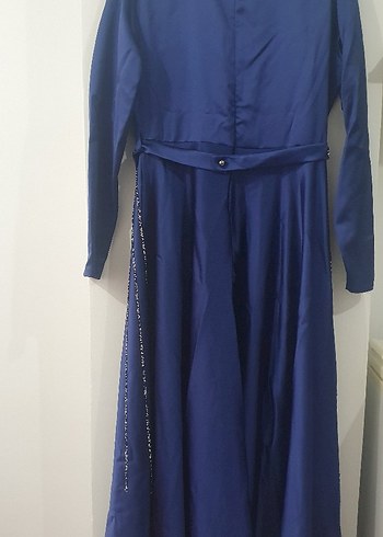 Mavi İşlemeli Uzun Kollu Abiye Elbise - Görsel 3