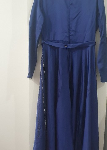 Mavi İşlemeli Uzun Kollu Abiye Elbise - Görsel 4