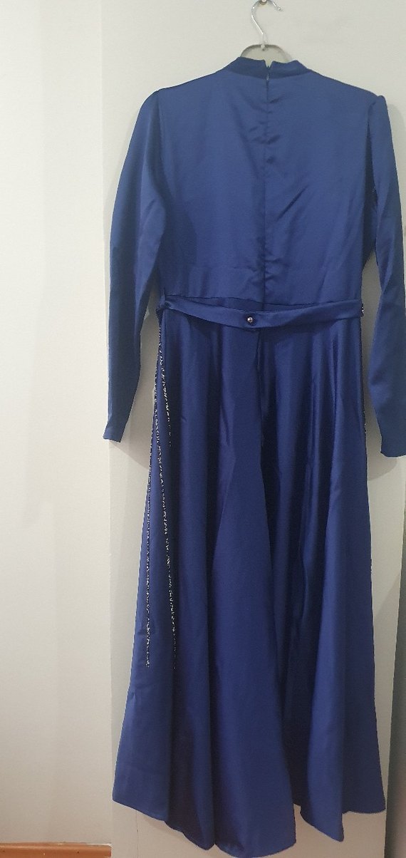 Mavi İşlemeli Uzun Kollu Abiye Elbise - Görsel 4