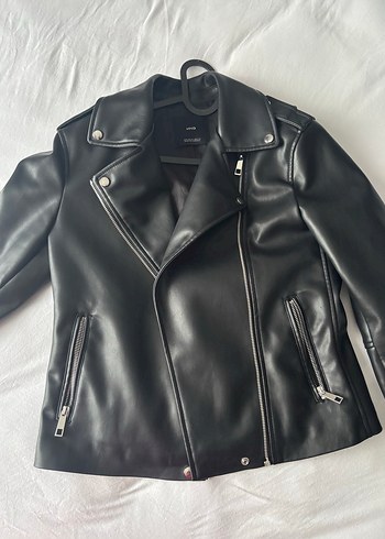 s Beden Siyah Deri Biker Ceket MNG
