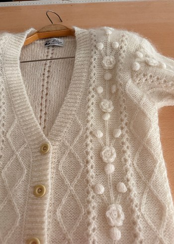Düğmeli Beyaz Sıfır Vintage Örgü Hırka - Görsel 2