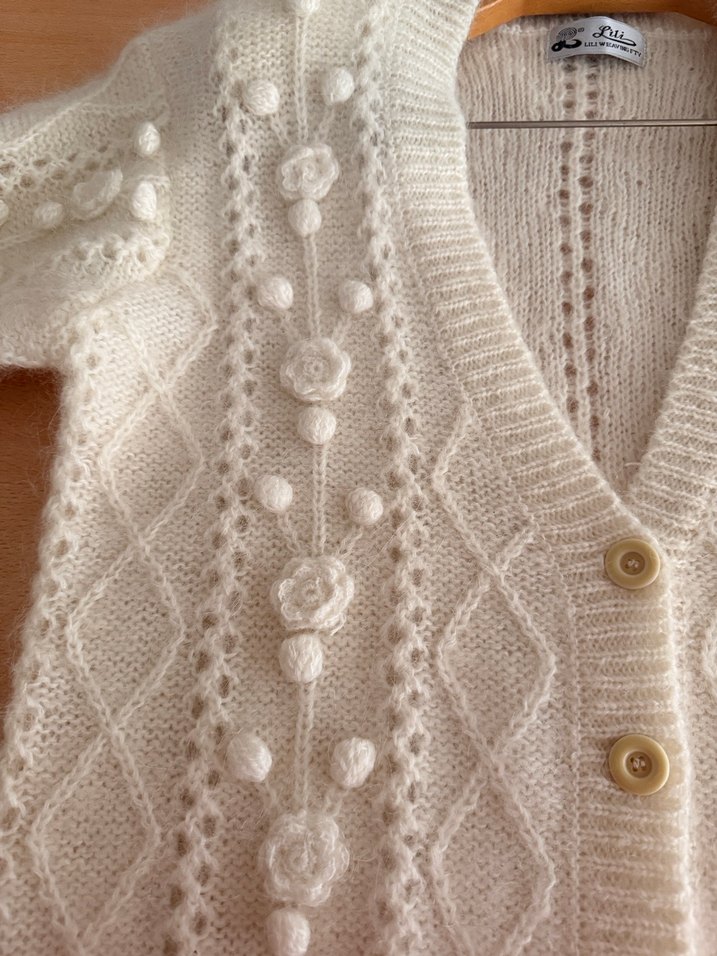Düğmeli Beyaz Sıfır Vintage Örgü Hırka - Görsel 3