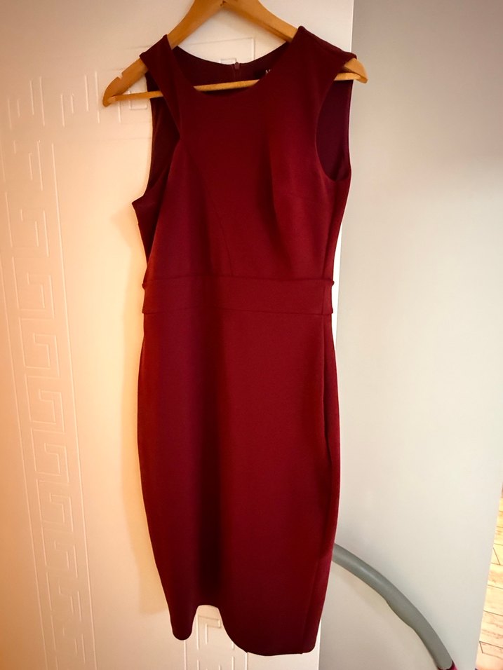 Bordo V Yakalı Kolsuz Midi Elbise - Görsel 3