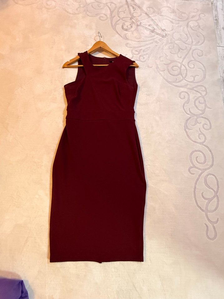 Bordo V Yakalı Kolsuz Midi Elbise - Görsel 2