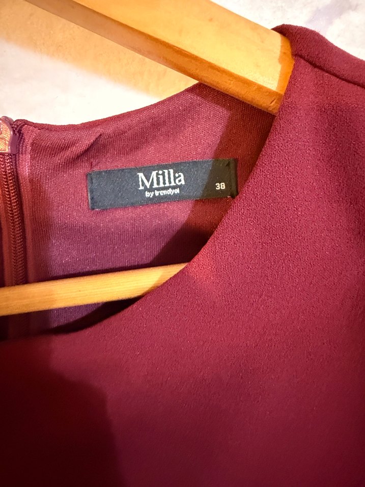 Bordo V Yakalı Kolsuz Midi Elbise - Görsel 4