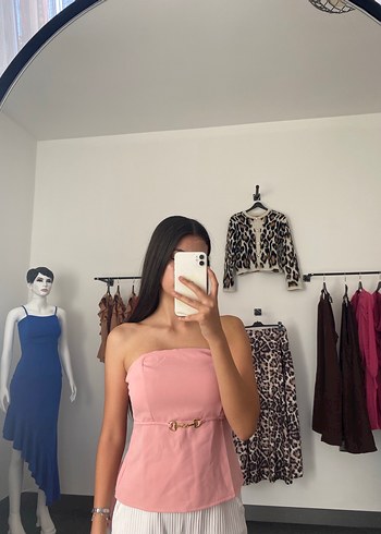 s Beden Sıfır üründür Pembe Kemer Detaylı Straplez Midi Büstiyer