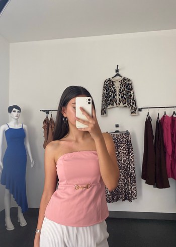Diğer Sıfır üründür Pembe Kemer Detaylı Straplez Midi Büstiyer