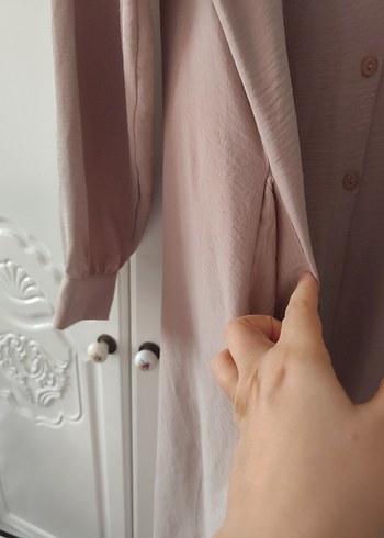 Bej Keten Uzun Kollu Robalı Elbise - Görsel 4