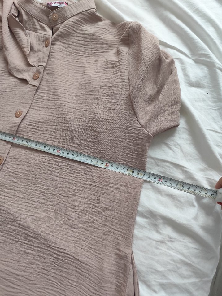 Bej Keten Uzun Kollu Robalı Elbise - Görsel 2