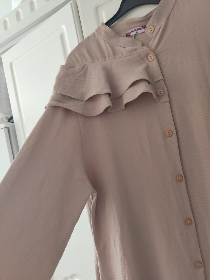 Bej Keten Uzun Kollu Robalı Elbise - Görsel 5