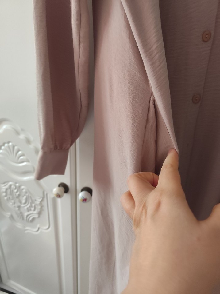 Bej Keten Uzun Kollu Robalı Elbise - Görsel 4