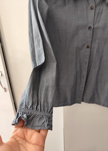 Gri Denim Kadın Gömlek Düğmeli Yaka - Görsel 4