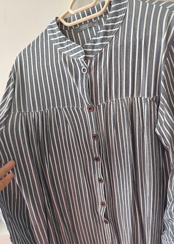 Uzun Kollu Gri Çizgili Keten Gömlek - Görsel 2