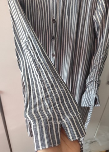 Uzun Kollu Gri Çizgili Keten Gömlek - Görsel 6