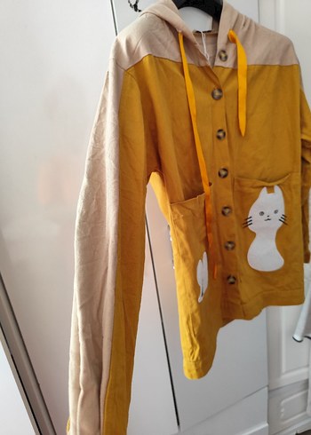 Düğmeli Sarı Kapüşonlu Kedi Desenli Ceket - Görsel 4