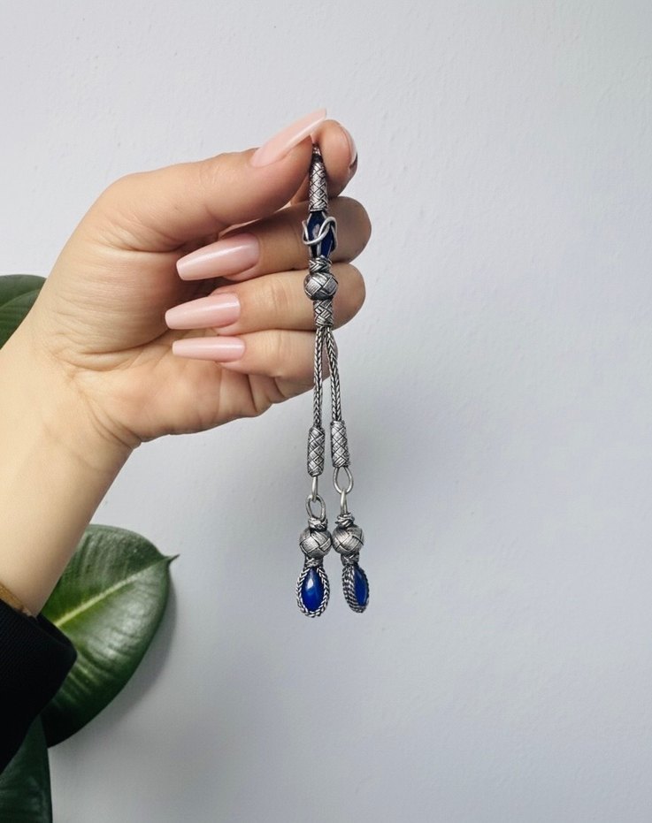 Lacivert Zirkon Taşlı 1000 Ayar Gümüş Kazaz Püskül - Görsel 3