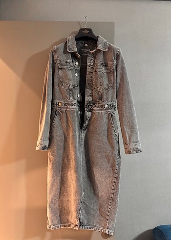 Gri Denim Uzun Kollu Kemerli Elbise - Görsel 3