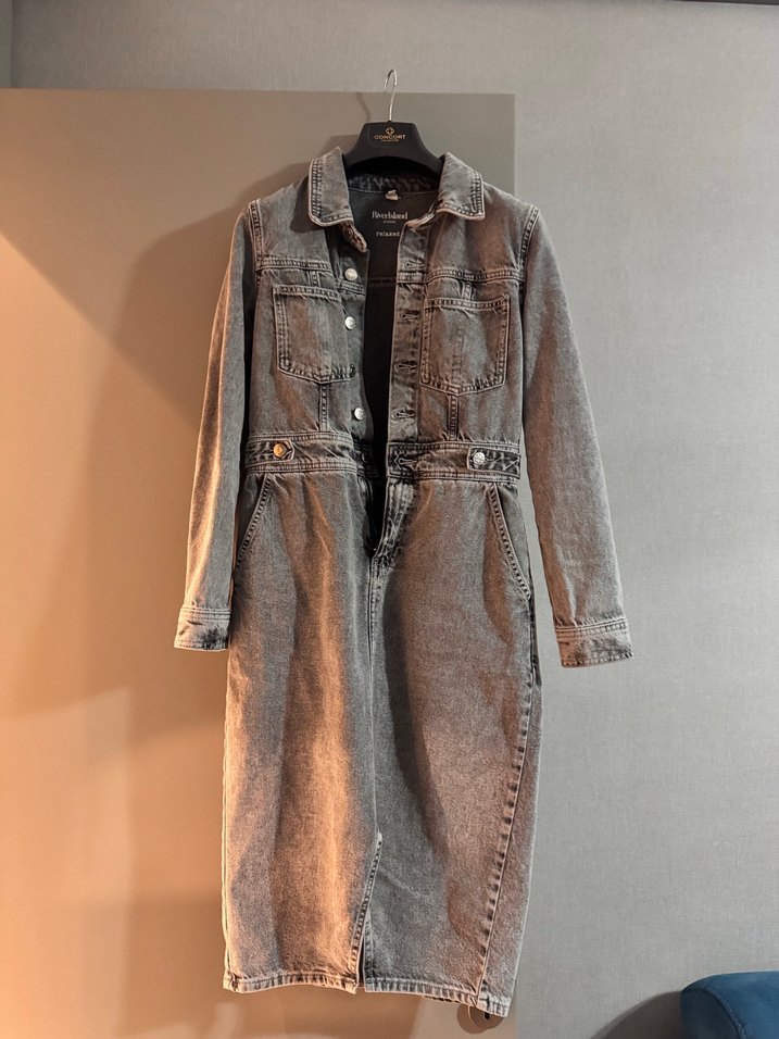 Gri Denim Uzun Kollu Kemerli Elbise - Görsel 3