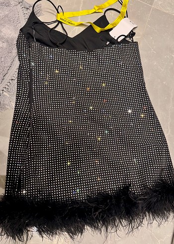 Taşlı Etek Ucu Tüylü Mini Elbise - Görsel 7