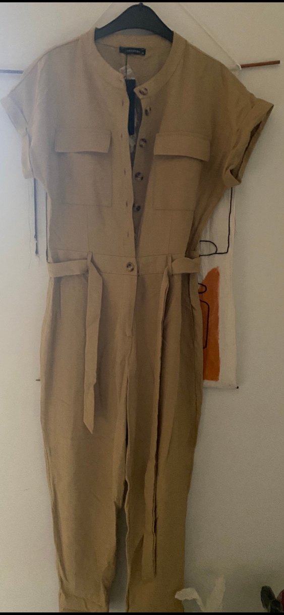 Bej Kemerli Keten Kadın Tulum - Görsel 2