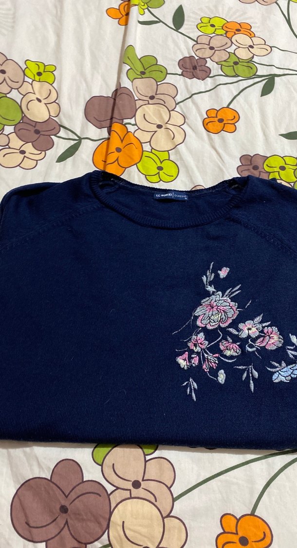 Mavi Nakışlı Pamuklu Hamile Bluzu - Görsel 3