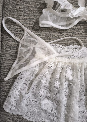 Beyaz Dantel Mini Bohem Kadın Pijama Takımı - Görsel 3