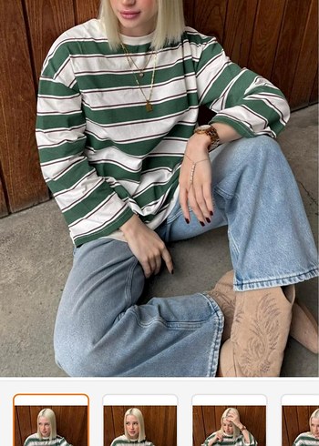 Çizgili Yeşil Gri Kadın Sweatshirt - Görsel 3