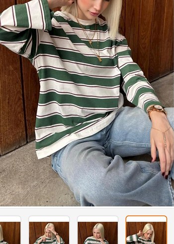 Çizgili Yeşil Gri Kadın Sweatshirt - Görsel 4