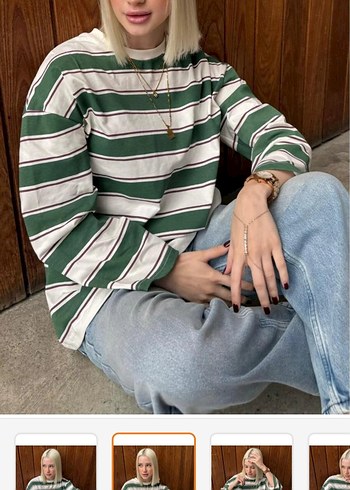 Çizgili Yeşil Gri Kadın Sweatshirt - Görsel 2