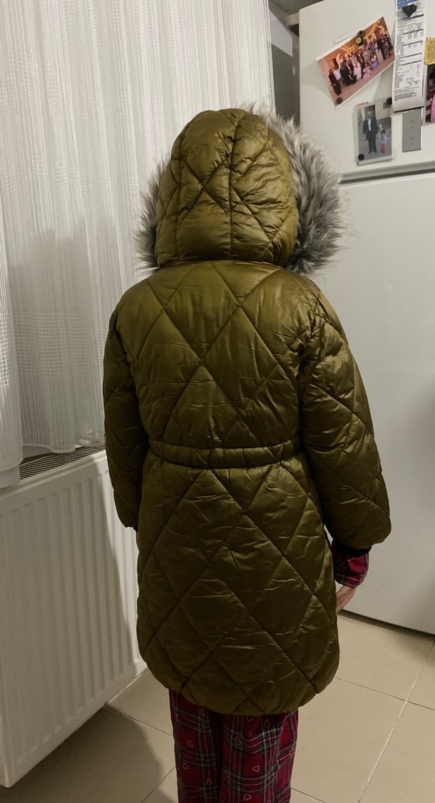 Kürk Detaylı Parlak yağ yeşili Kız Mont - Görsel 2