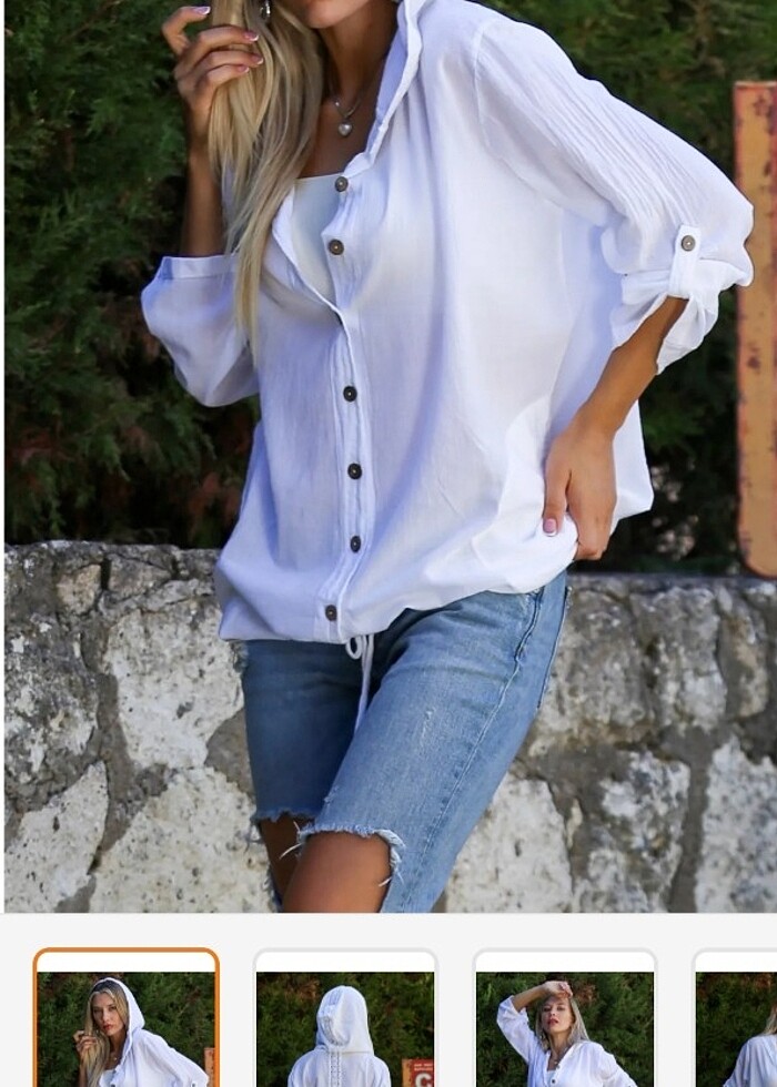 Sırtı dantel detaylı kapşonlu gömlek - Görsel 4