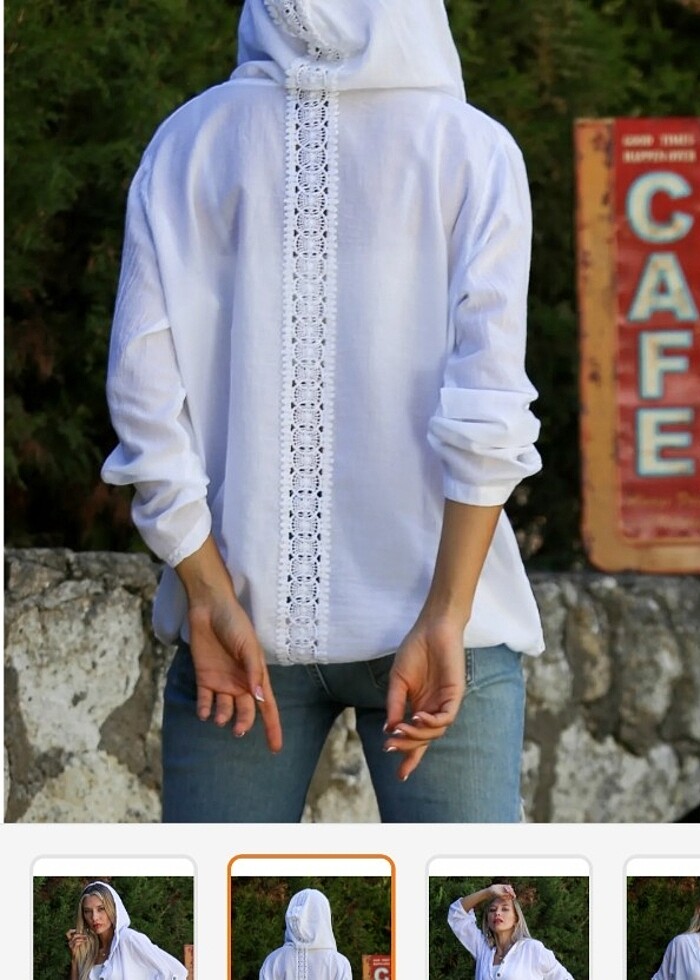 Sırtı dantel detaylı kapşonlu gömlek - Görsel 5