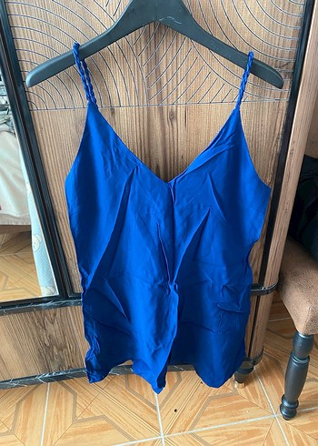 Mavi Keten Askılı Mini elbise - Görsel 4