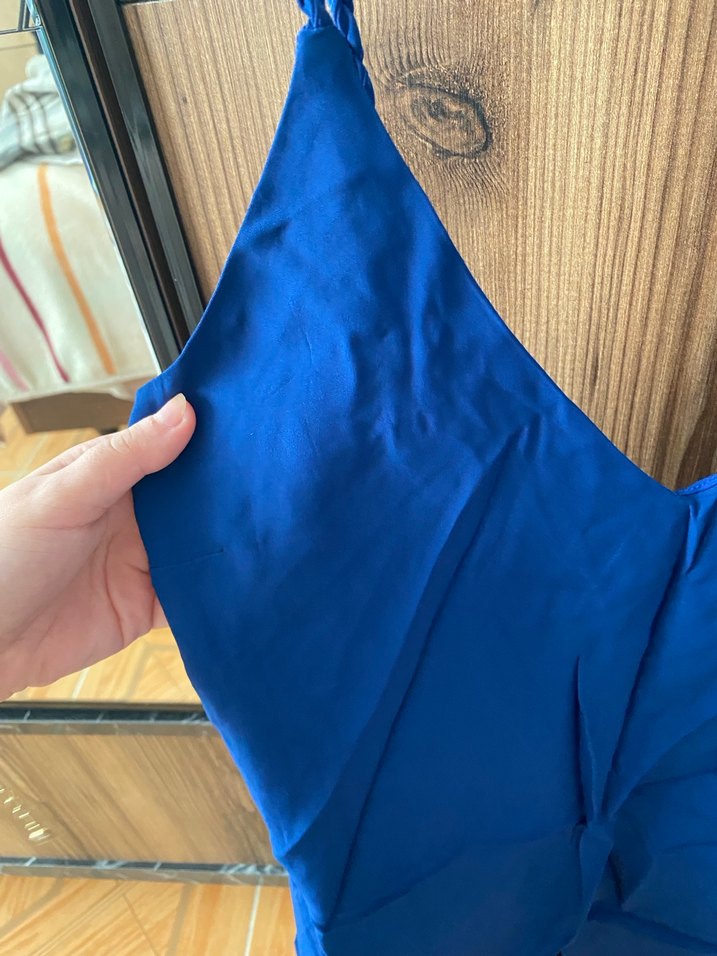 Mavi Keten Askılı Mini elbise - Görsel 3