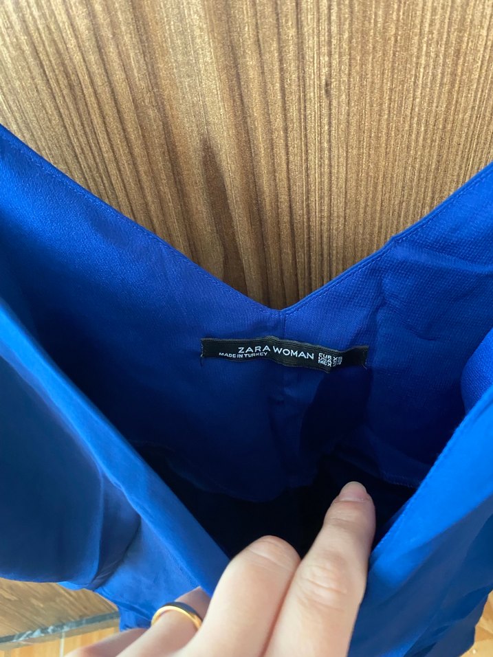 Mavi Keten Askılı Mini elbise - Görsel 5