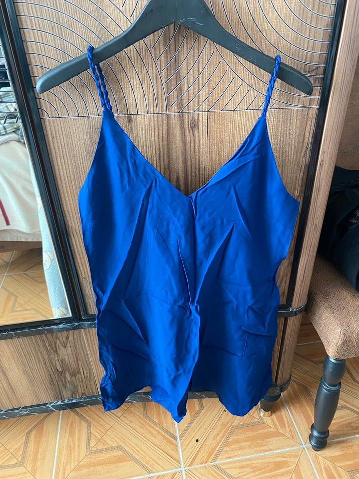 Mavi Keten Askılı Mini elbise - Görsel 4