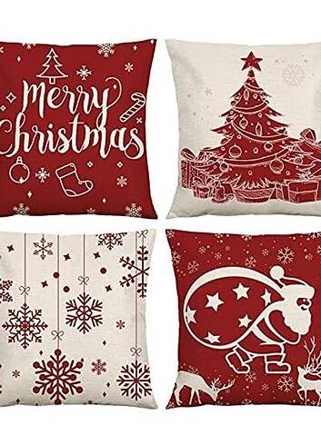 4 Adet Keten Noel Yılbaşı Yastık Kılıfı 45 x 45 cm