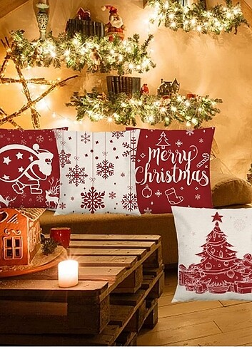 4 Adet Keten Noel Yılbaşı Yastık Kılıfı 45 x 45 cm
