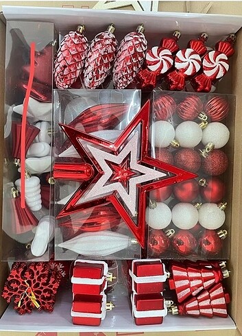 Premium Noel/Yılbaşı Ağacı Süs Setin 100 Parça Kırmızı/Beyaz