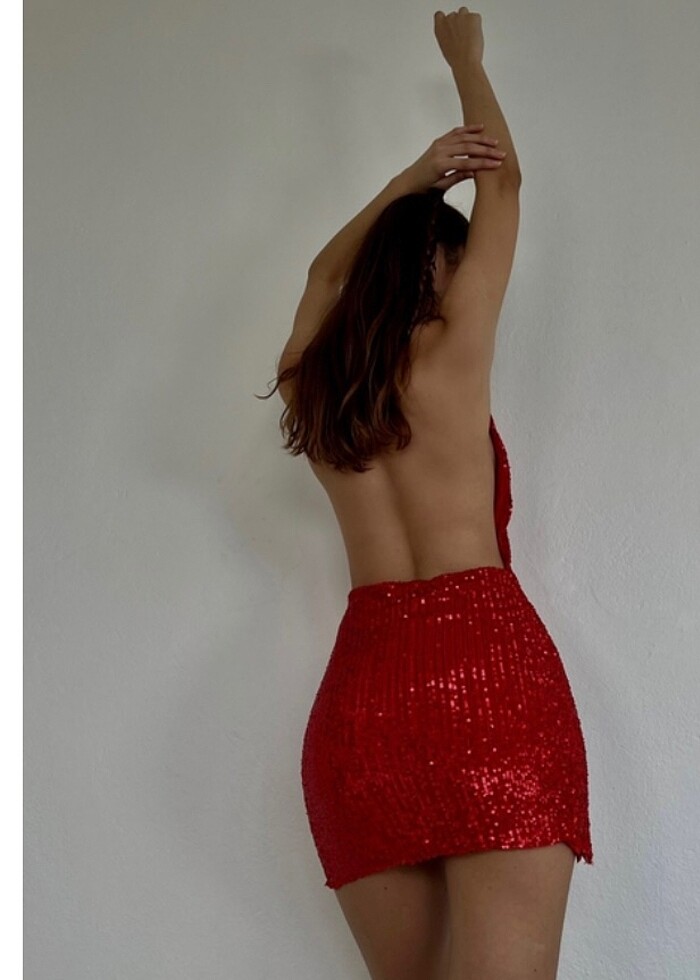 kırmızı simli elbise - Görsel 3