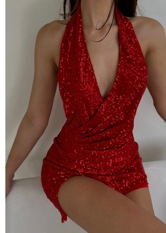 kırmızı simli elbise - Görsel 4