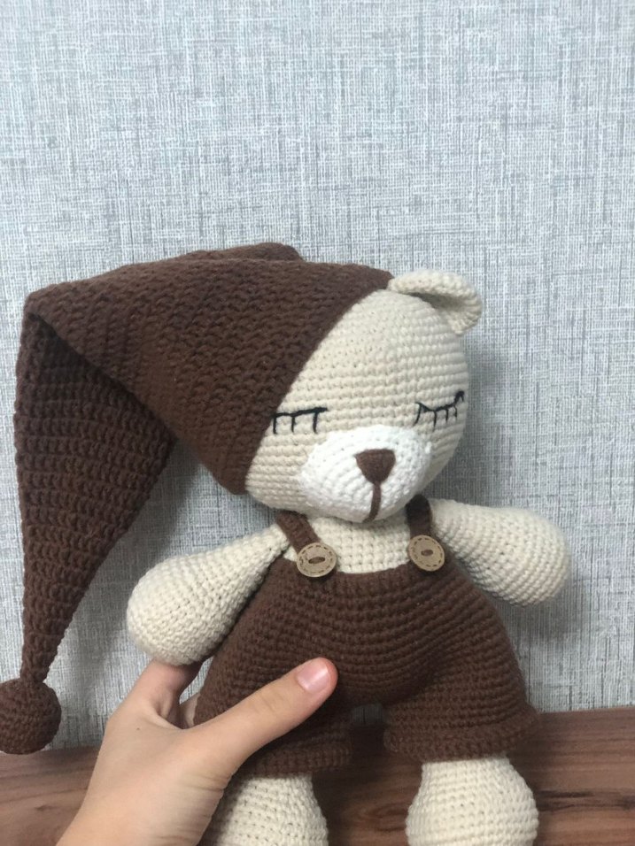 Kahverengi Örgü Uyuyan Ayıcık Peluş Oyuncak - Görsel 4