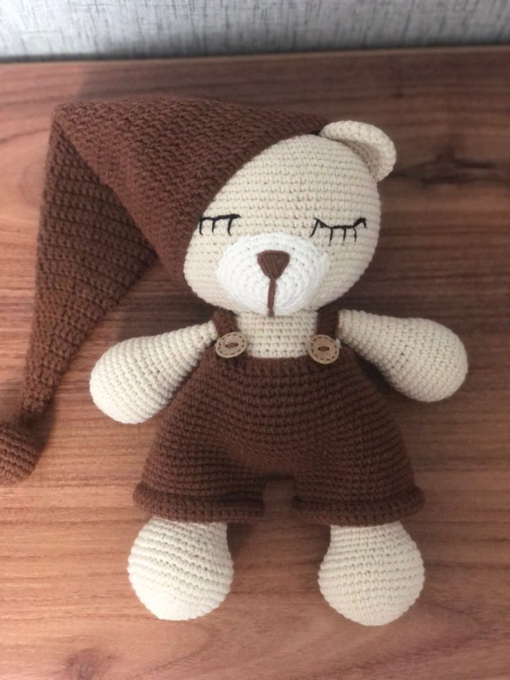 Kahverengi Örgü Uyuyan Ayıcık Peluş Oyuncak - Görsel 2