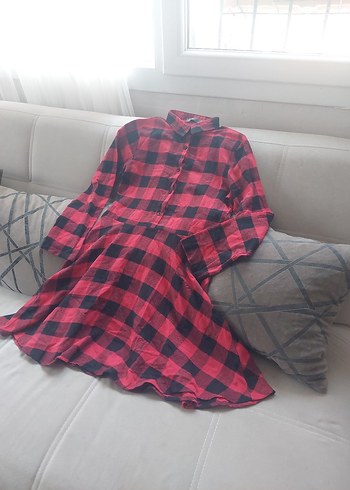 Kırmızı Kareli Düğmeli Uzun Kollu Kadın Gömlek - Görsel 3