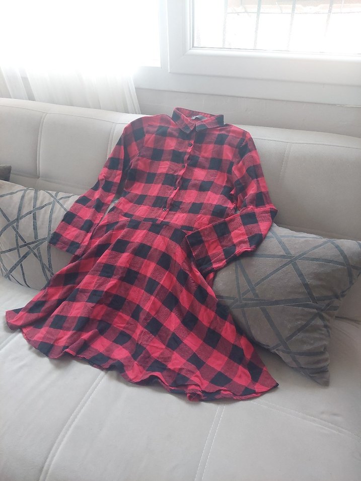 Kırmızı Kareli Düğmeli Uzun Kollu Kadın Gömlek - Görsel 3