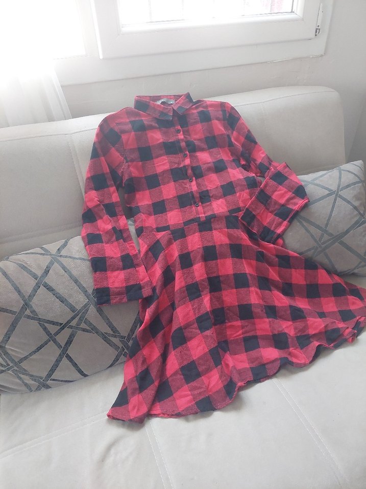 Kırmızı Kareli Düğmeli Uzun Kollu Kadın Gömlek - Görsel 2