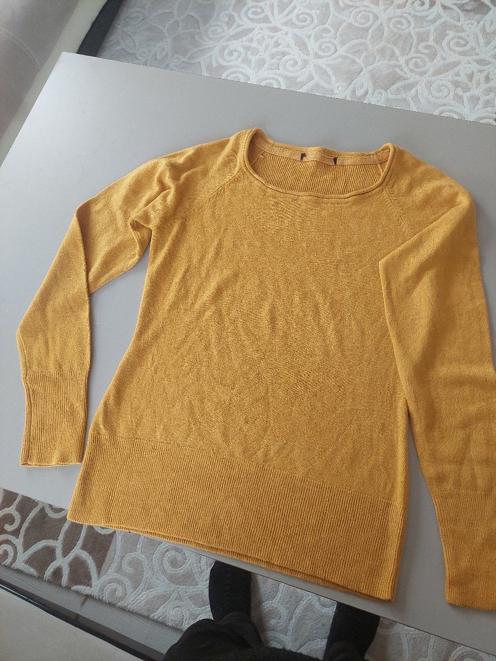 Sarı Kadın Keten Bisiklet Yaka Kazak - Görsel 3