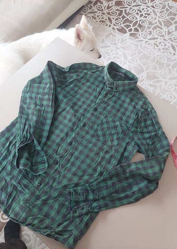 Kadın Yeşil Kareli Düğmeli Gömlek - Görsel 3